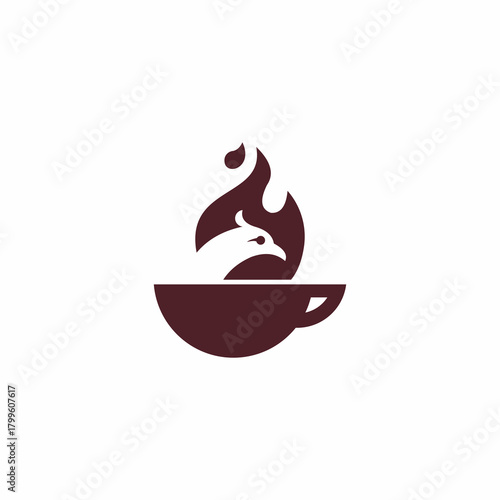 Creative logo design featuring a mythical phoenix bird silhouette emerging from a hot coffee cup with fiery steam