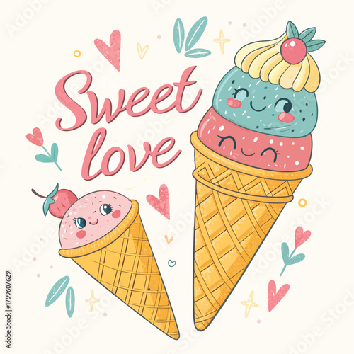 Hand drawn vector illustration of cute ice cream cones, with text Sweet love. Isolated objects on white background. Soft Ice Cream Design concept dessert, kids, greeting card, motivational poster.	
