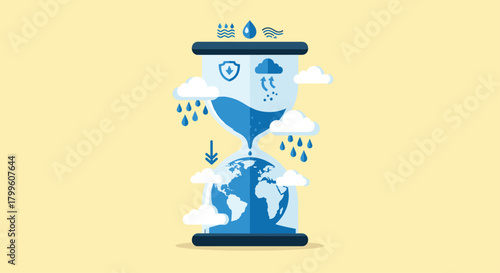 Urgent call to action for climate change with graphic hourglass showing water cycle and Earth, emphasizing the need for environmental protection now