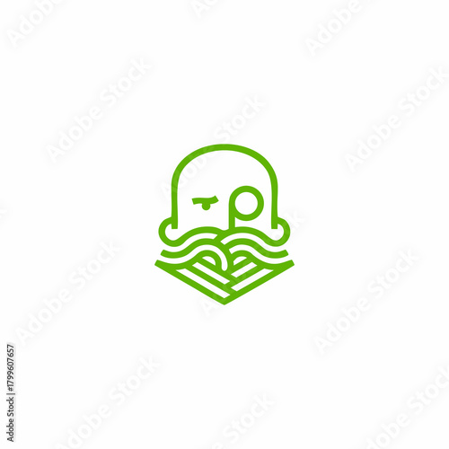Abstract line art icon of a whimsical gentleman's head with a prominent green beard, stylized mustache, and a distinguished monocle, embodying vintage charm