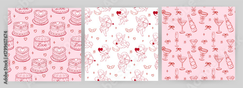 Seamless cake pattern with hearts and cute details