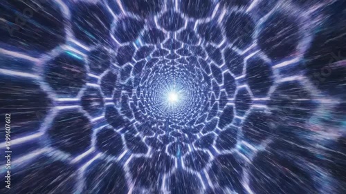 Abstract glowing tunnel of futuristic blue light and geometric patterns