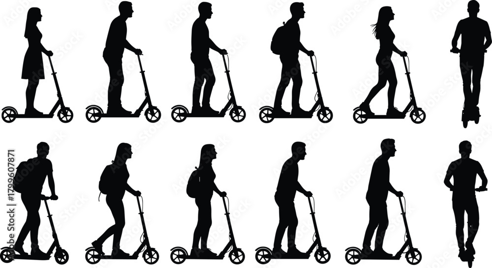 Obraz premium Silhouettes of diverse people riding scooters in various poses, modern urban transportation concept, active lifestyle movement, commuter mobility illustration