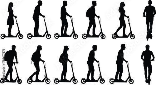 Silhouettes of diverse people riding scooters in various poses, modern urban transportation concept, active lifestyle movement, commuter mobility illustration