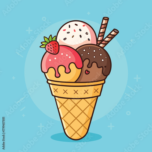 Hand drawn vector illustration of cute ice cream cones, with text Sweet love. Isolated objects on white background. Soft Ice Cream Design concept dessert, kids, greeting card, motivational poster.	
