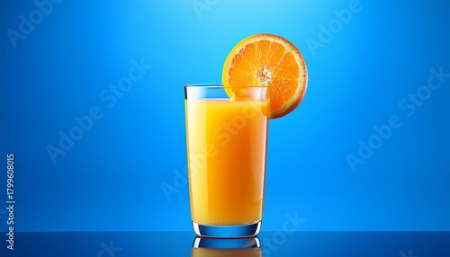 A Glass Of Orange Juice With An Orange Slice Garnishing The The Glass On A Blue Background