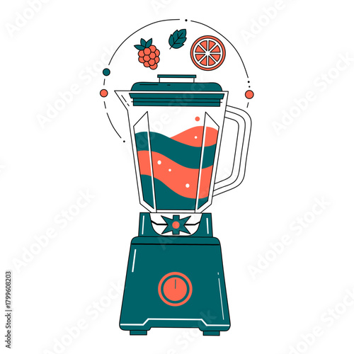 A flat-style vector illustration of a kitchen blender making a healthy fruit and vegetable drink, with raspberries and orange slice floating above. 