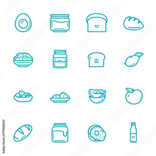 Set of various food and drink line art icons, including breakfast items, fruits, bread, and jars for grocery store or recipe apps.