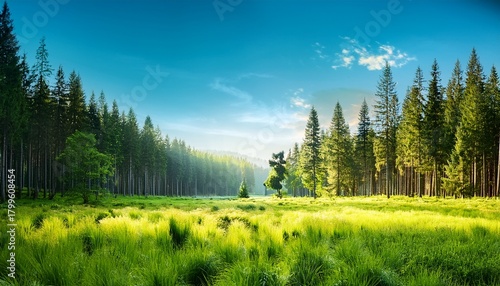 Scenic Forest Landscape With Tall Trees Green Grass And A Clear Sky Illustrating Nature Environment And Peaceful Outdoor Nature Scenery In A Colorful Illustration