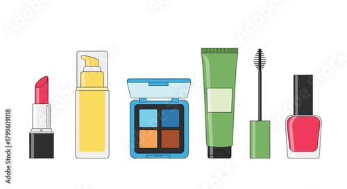 Essential beauty products for a flawless look lipstick, foundation, eyeshadow, cream, mascara, and nail polish set against a clean white backdrop