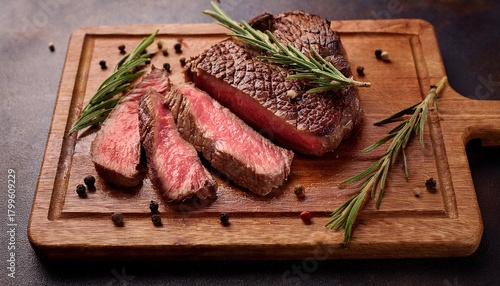 Sliced Medium Rare Steak With Rosemary And Peppercorns On A Wooden Board Close Up