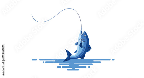 Catch of the day fresh fish illustration on hook above water, perfect for seafood restaurant ads or fishing blogs, vibrant blue tones