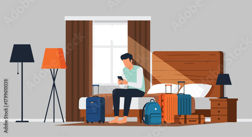 Traveler checking phone in hotel room with luggage ready, planning vacation with mobile app, booking travel arrangements for upcoming trip