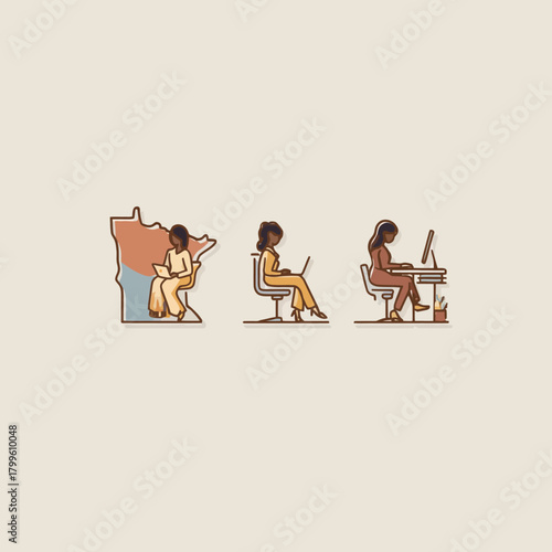 Diverse young woman working remotely from various locations, including a map outline and office desk setup, digital illustration