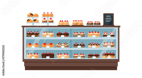 Delicious cakes and pastries tempt customers from a bakery display case filled with sweet treats topped with cherries for a delightful experience