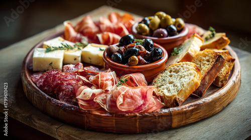 A wooden platter filled with an assortment of cured meats cheeses olives and sliced bread snacks served