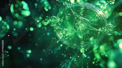 Glowing green network connecting molecular structures in bioluminescent environment