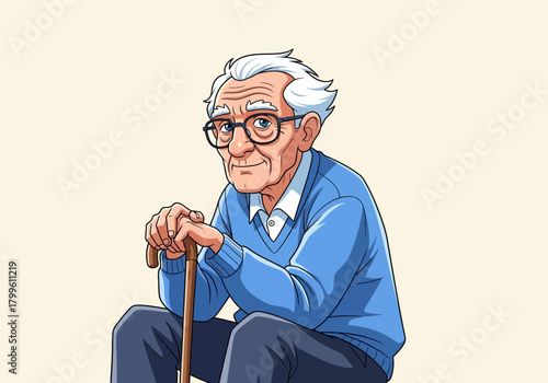 Cartoon Illustration of an Elderly Man with Cane.
