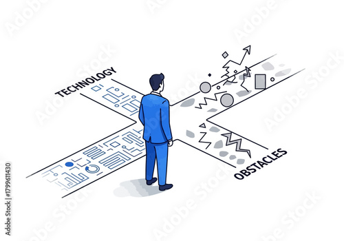 Decision Crossroads Technology vs Obstacles in Business Strategy.