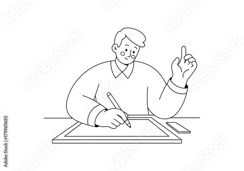 Focused Designer Working on a Tablet with a Pen.