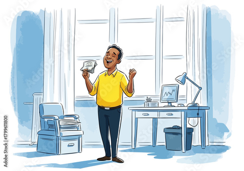 Man Celebrating Good News in Home Office.