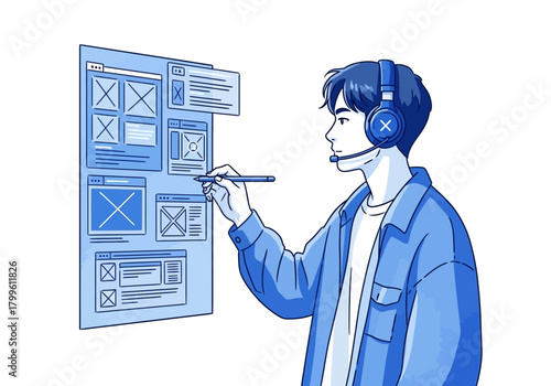 Man Designing User Interface with Digital Pen and Headset.