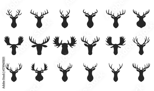 Deer and moose head silhouette vector set