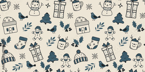 Seamless winter pattern featuring snowmen, gifts, birds, stockings, gingerbread figures, and cozy holiday elements in a soft color palette. Vector art