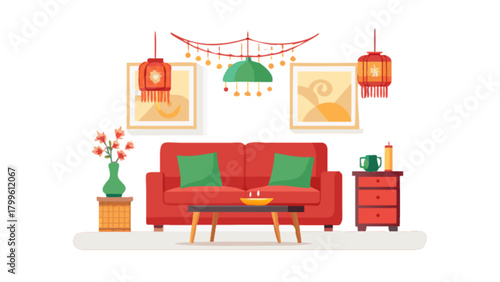 Red sofa living room interior design ideas with lanterns and art for home decoration inspiration