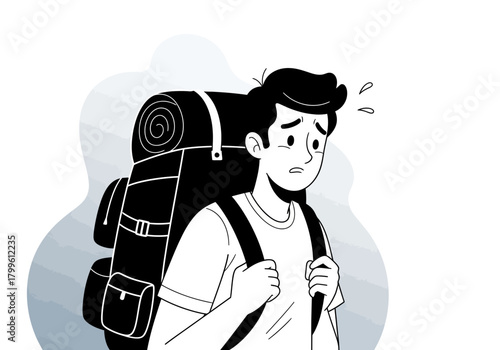 Stressed Traveler with Heavy Backpack Illustration.