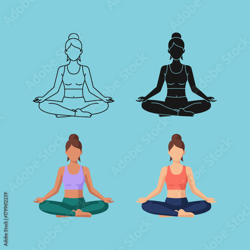 Woman practicing yoga in lotus position line art on blue background