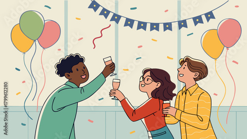 Celebrating business success team party with balloons and confetti for company achievement and office event