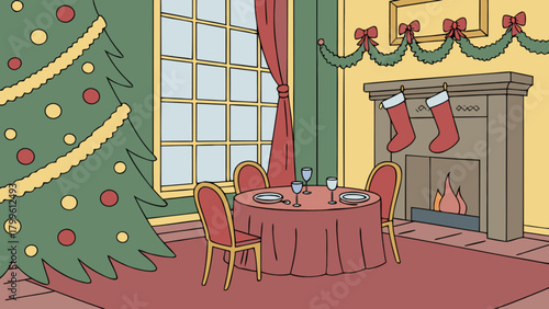 Christmas dinner party celebration holiday season family gathering festive dining room interior design scene