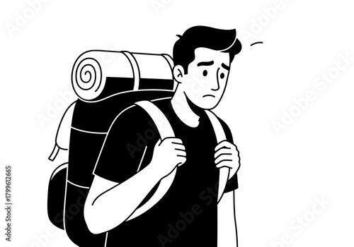Worried Hiker with Backpack Black and White Illustration.