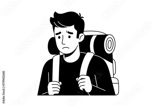 Worried Hiker with Backpack Black and White Illustration 1.