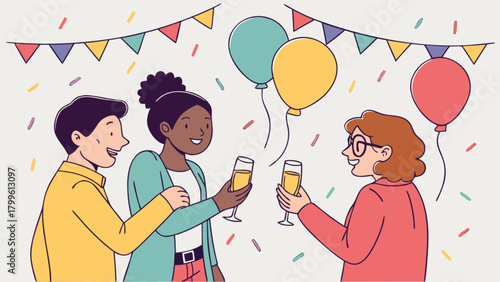 Celebration party with friends toasting champagne at festive event happy occasion with balloons and confetti