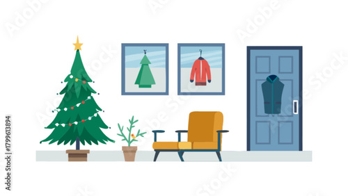 Christmas tree decoration holiday winter season home interior design vector illustration scene drawing