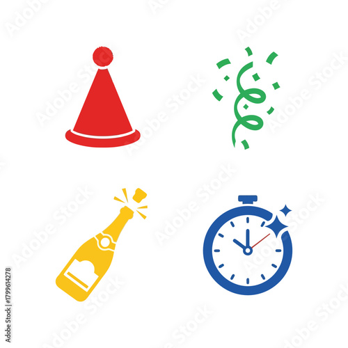 Celebration icons: party hat, confetti, champagne bottle, countdown timer for new year or party Vector, illustration