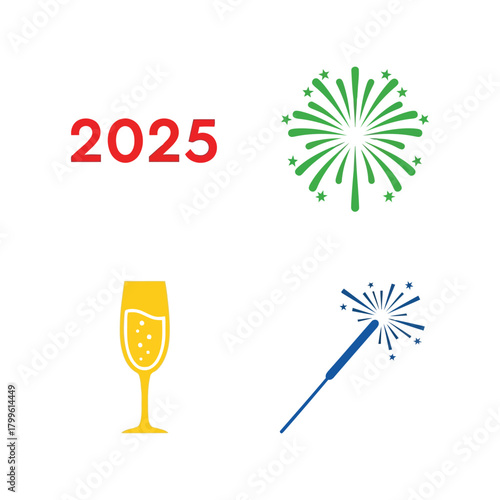 2025 new year celebration icons: fireworks, champagne glass, sparkler Vector, illustration