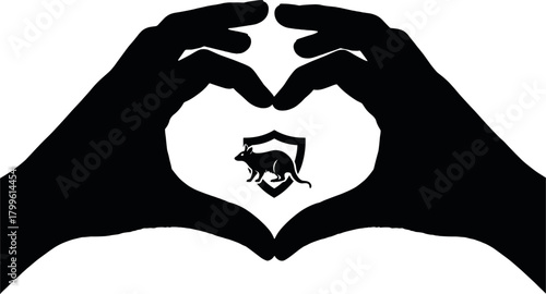 Black silhouette of hands forming a heart shape around a shield with a kangaroo white