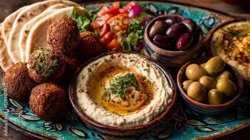 A vibrant platter of middle eastern cuisine featuring falafel hummus olives and pita bread close up view