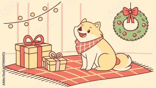 Christmas shiba inu dog with gifts and wreath holiday season festive celebration cute animal pet vector art