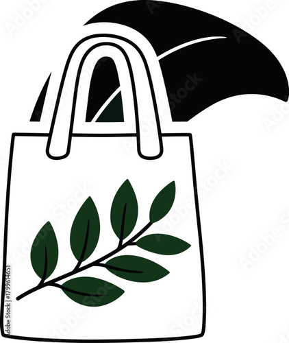 White tote bag with green leaf branch design and abstract black shape shopping bag reusable bag