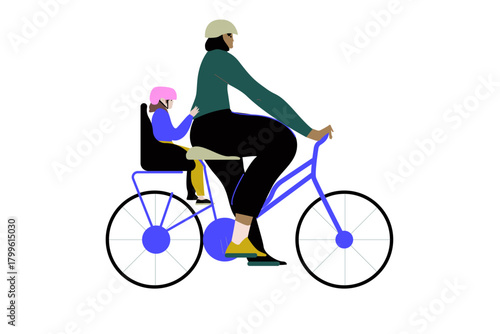 Active mother and daughter riding a bike vector flat illustration. Happy family riding a bike together, isolated on white background. Concept of healthy lifestyle, leisure and spending time outdoors.