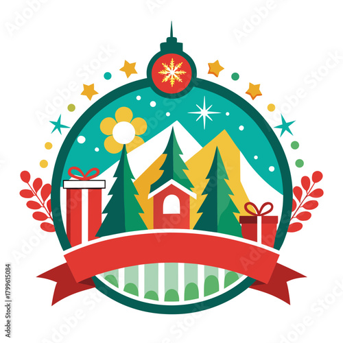 Festive winter holiday scene with gifts, trees, and mountains, perfect for cheerful seasonal promotions and vibrant Christmas marketing campaigns