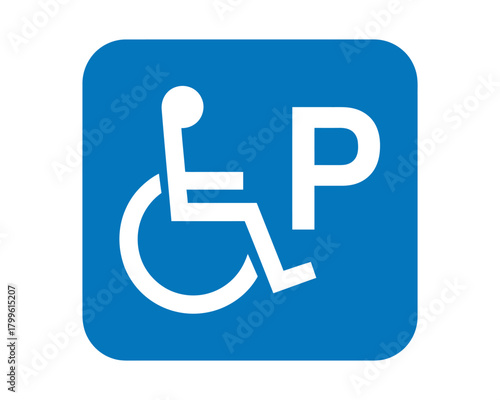 Blue handicap parking sign with white wheelchair symbol and letter p