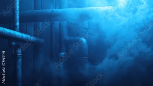 Industrial pipes releasing steam in a blue foggy atmosphere
