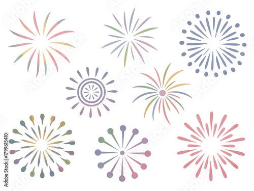 Collection of colorful hand drawn abstract fireworks bursts on white background