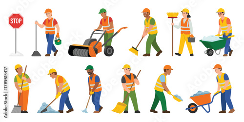 Diverse construction workers performing various tasks with tools and equipment