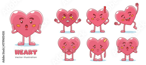 love cartoon characters. Heart mascots Valentine with variations of heartache, sadness, surprise.